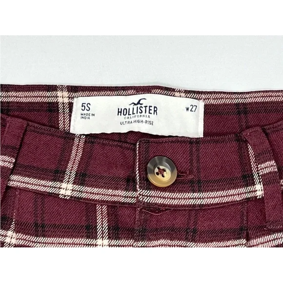 Hollister Women’s Size 5S W27 Ultra High Rise Polyester‎ Blend Burgundy Plaid - Picture 2 of 4